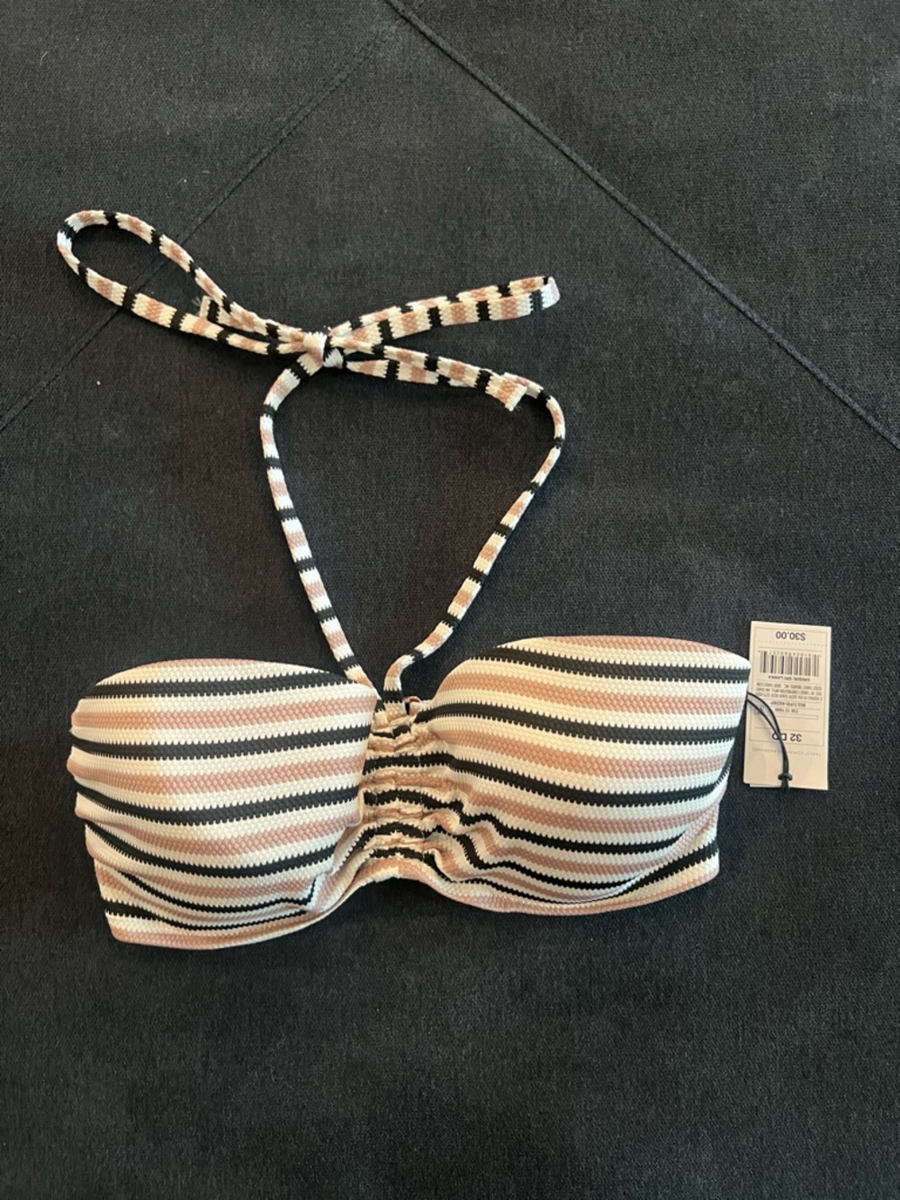 Shade & Shore Ribbed Striped Bandeau Bikini Top in Black, Cream & Brown